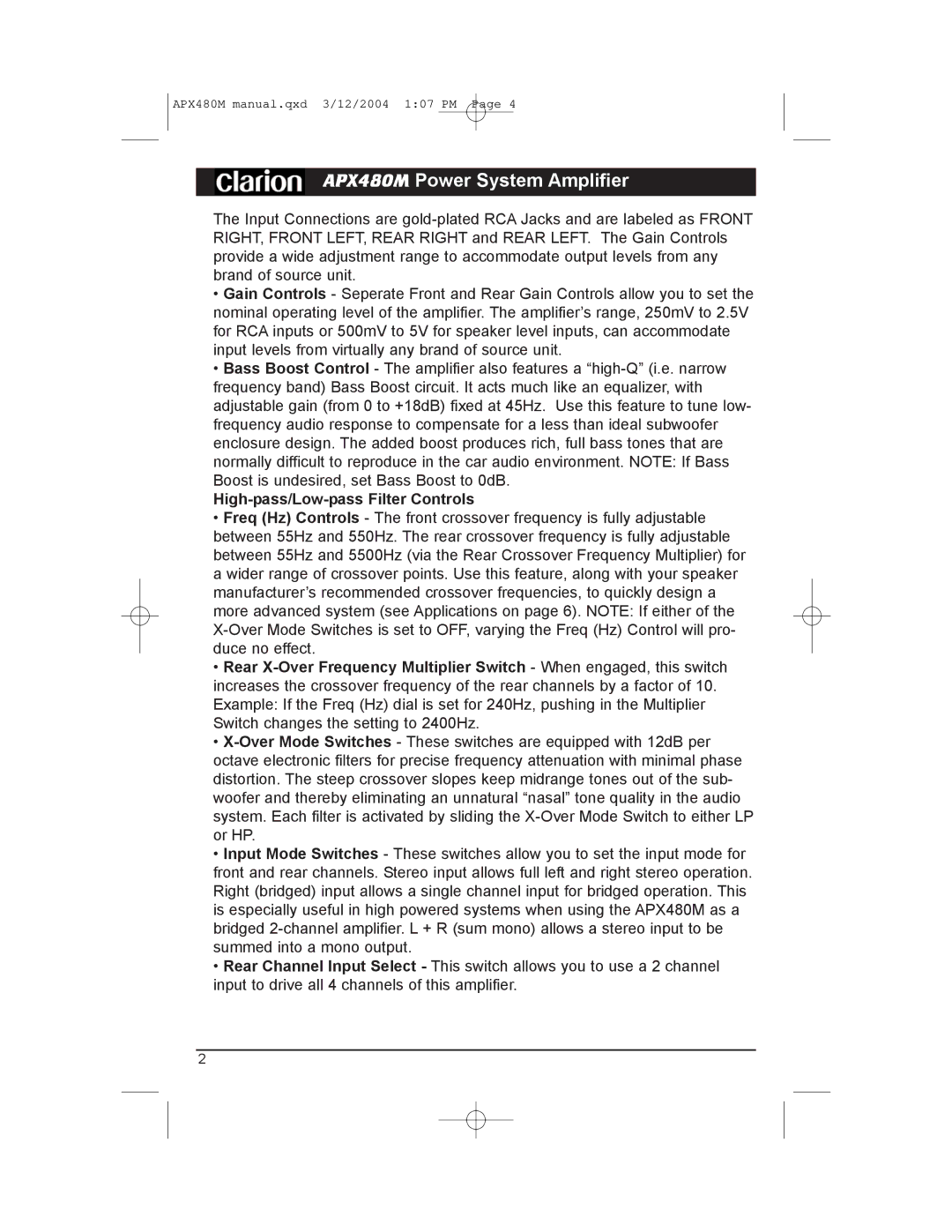 Clarion APX480M manual High-pass/Low-pass Filter Controls 