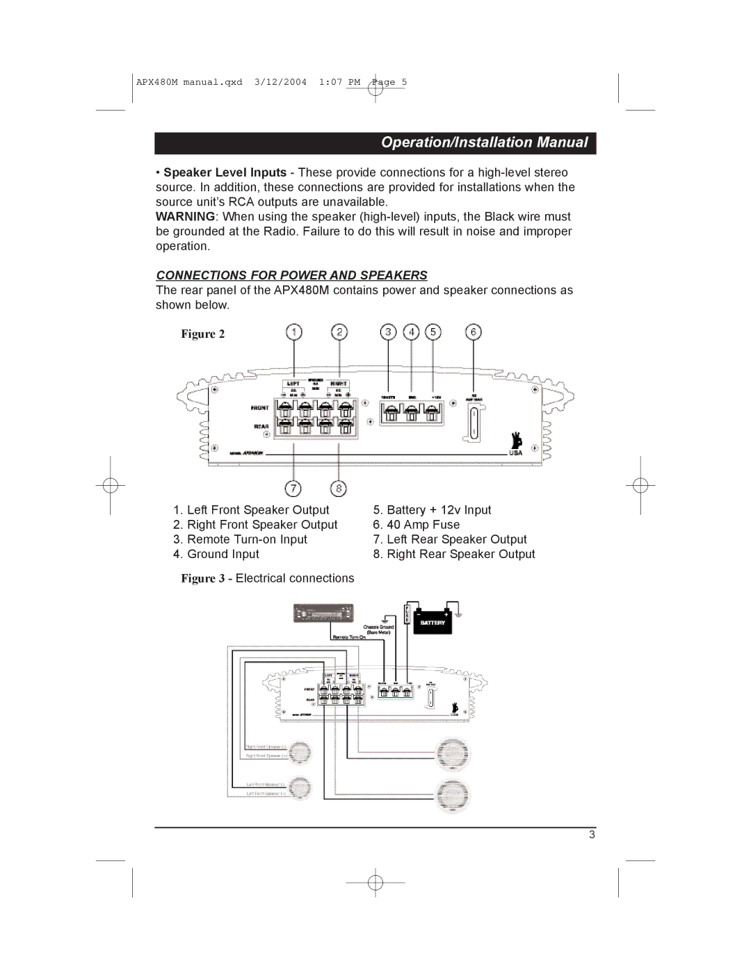 Clarion APX480M manual Operation/Installation Manual, Connections for Power and Speakers 