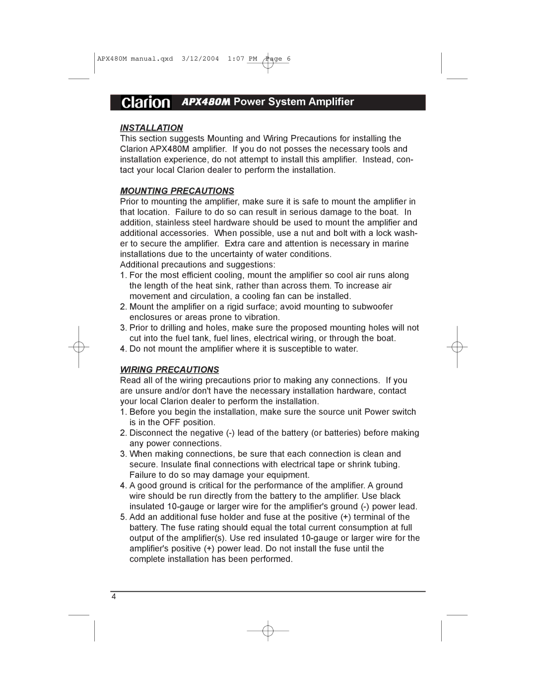 Clarion APX480M manual Installation, Mounting Precautions, Wiring Precautions 