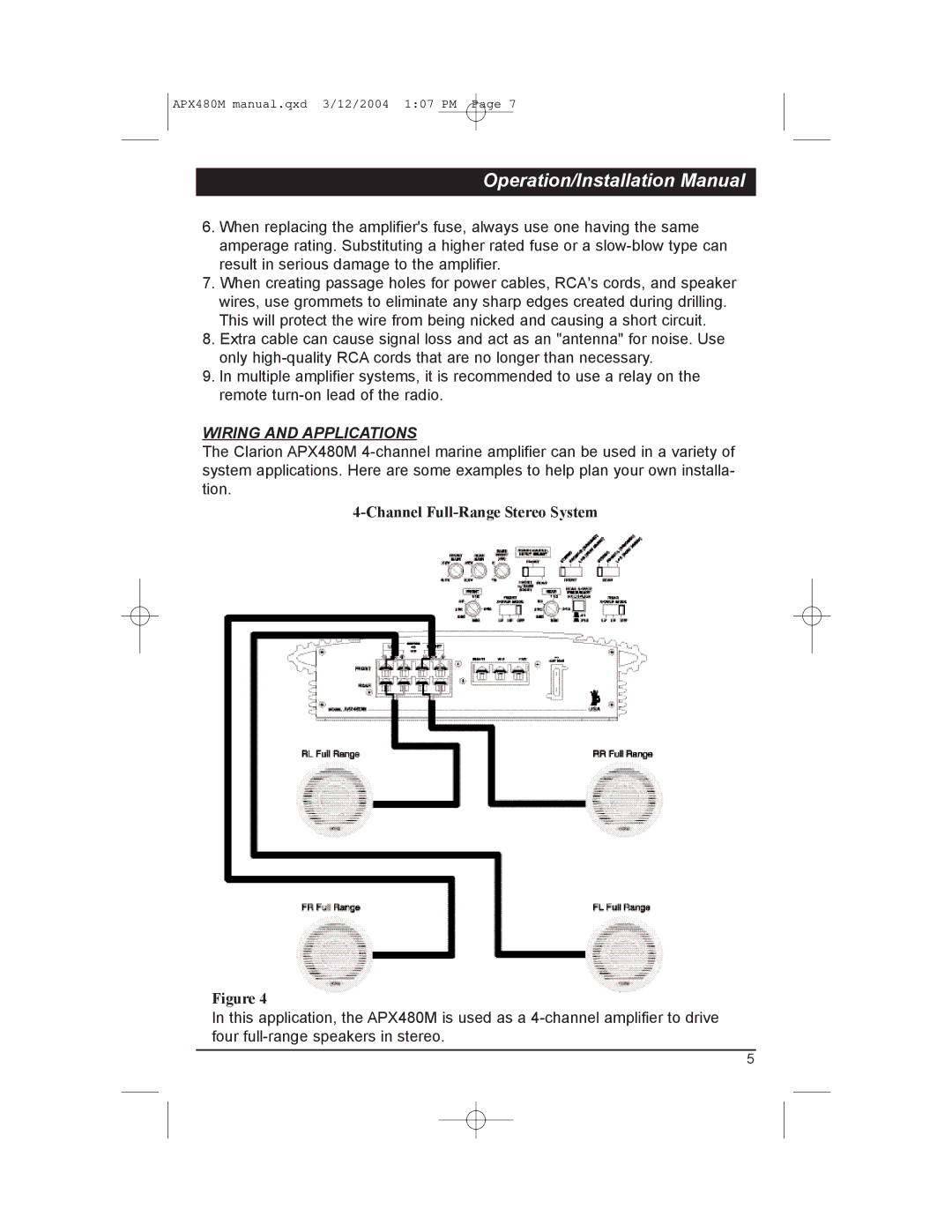 Clarion APX480M manual Wiring and Applications, Channel Full-Range Stereo System 