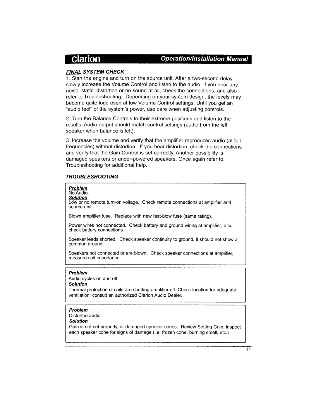 Clarion APX480M manual Final System Check, Trqubleshooting 