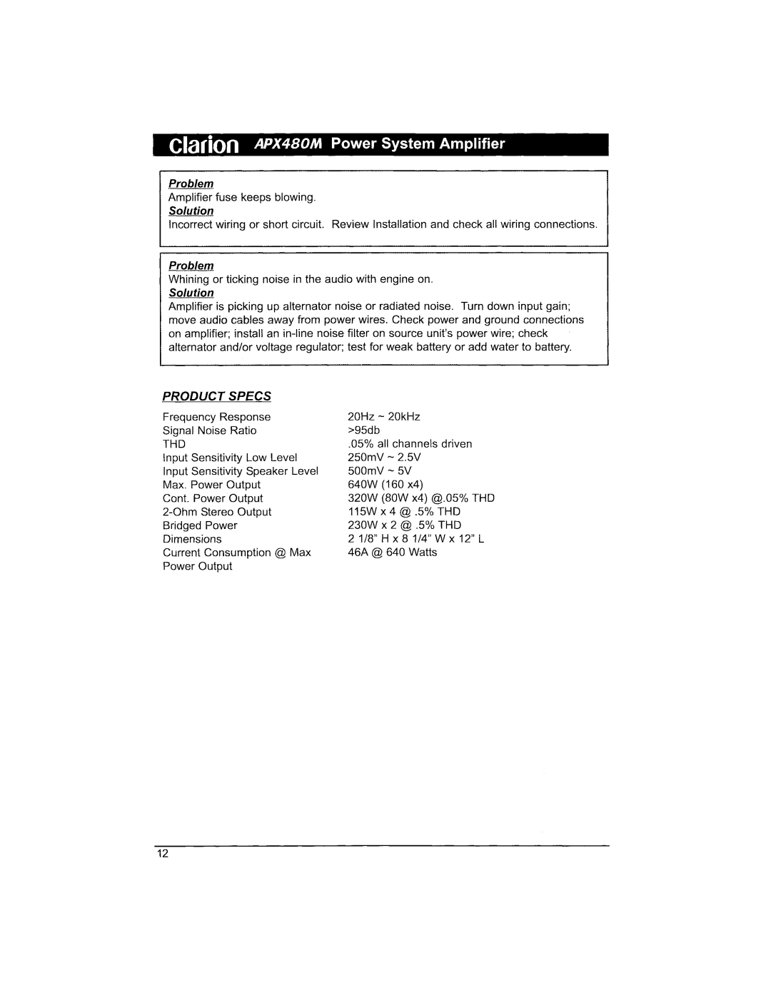 Clarion APX480M manual Product Specs, Tho 