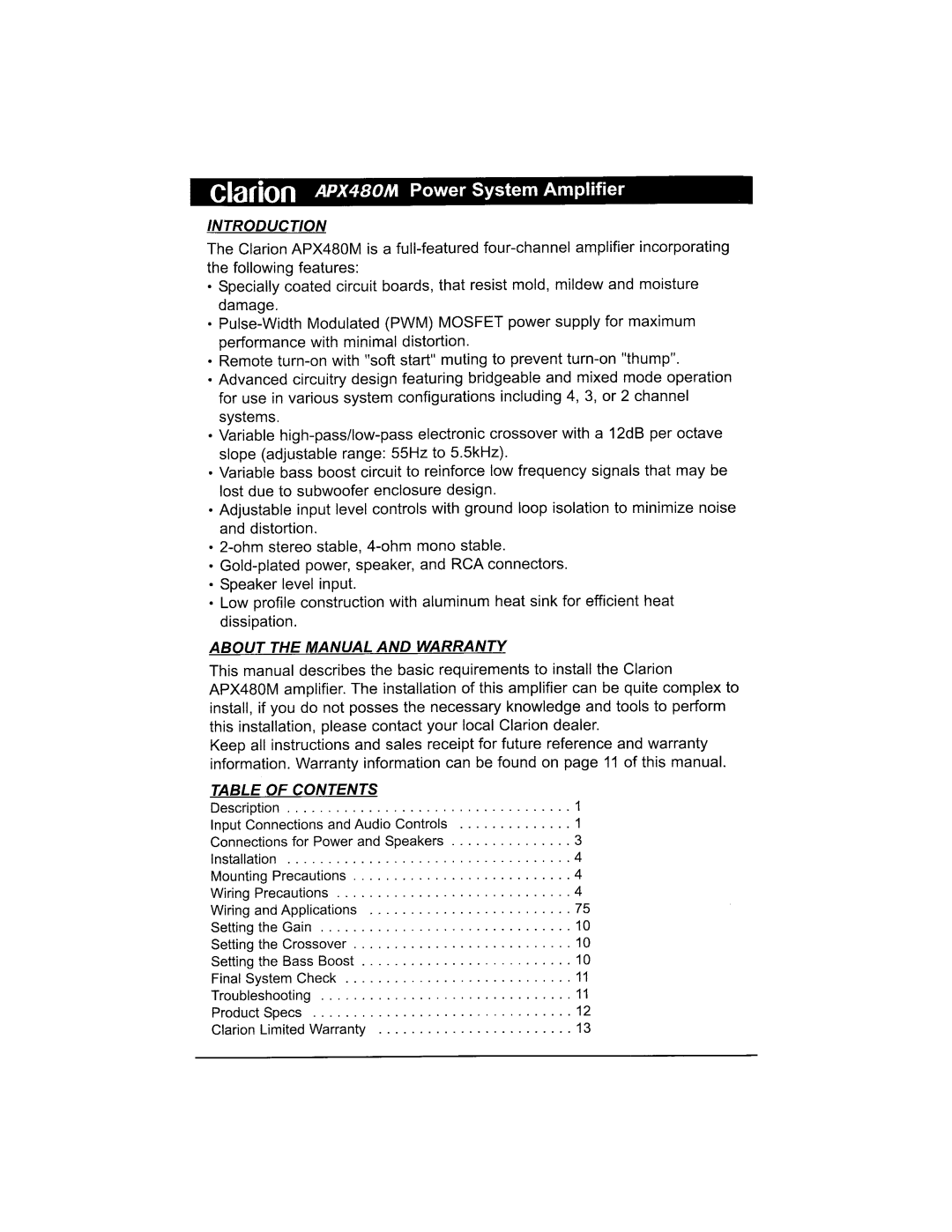 Clarion APX480M manual Introduction, About the Manual and Warranty, Table of Contents 