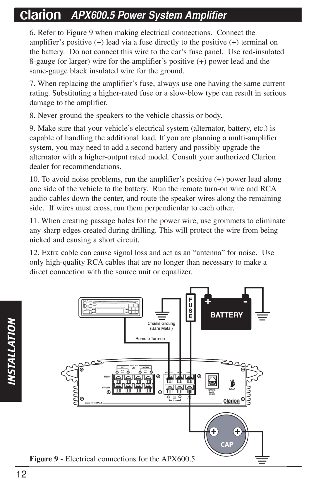 Clarion manual Installation, Electrical connections for the APX600.5 