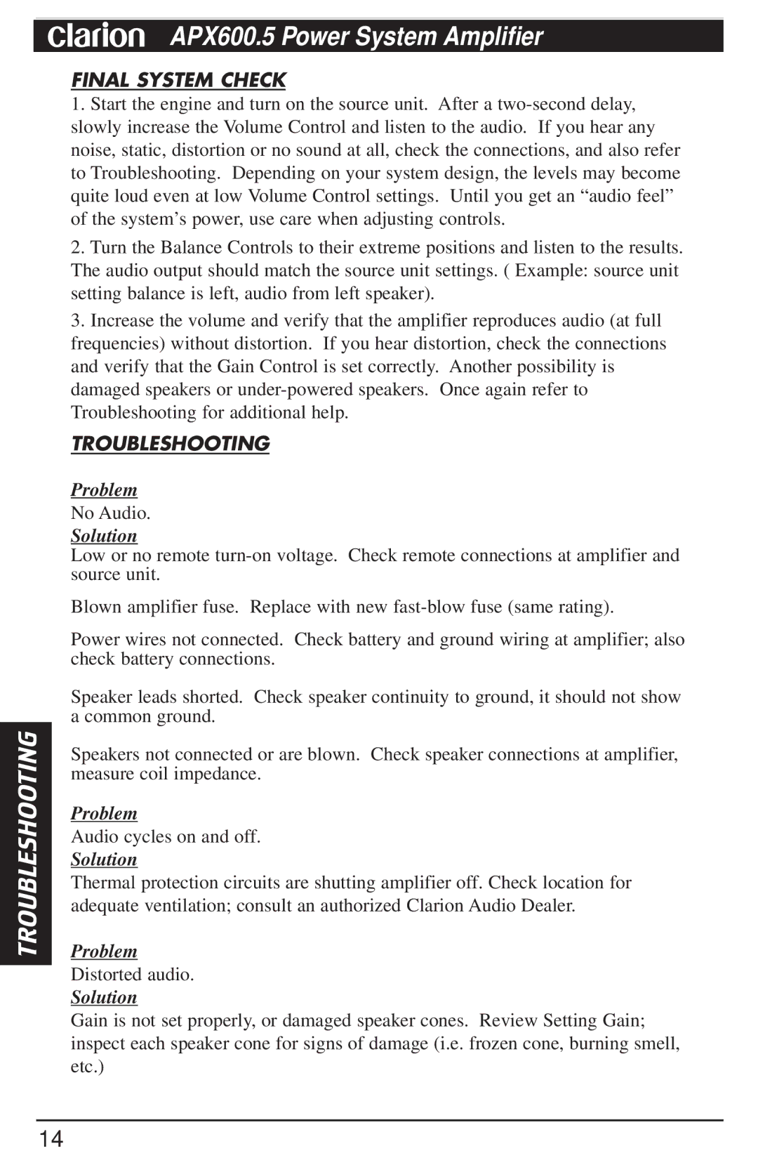 Clarion APX600.5 manual Final System Check, Troubleshooting 