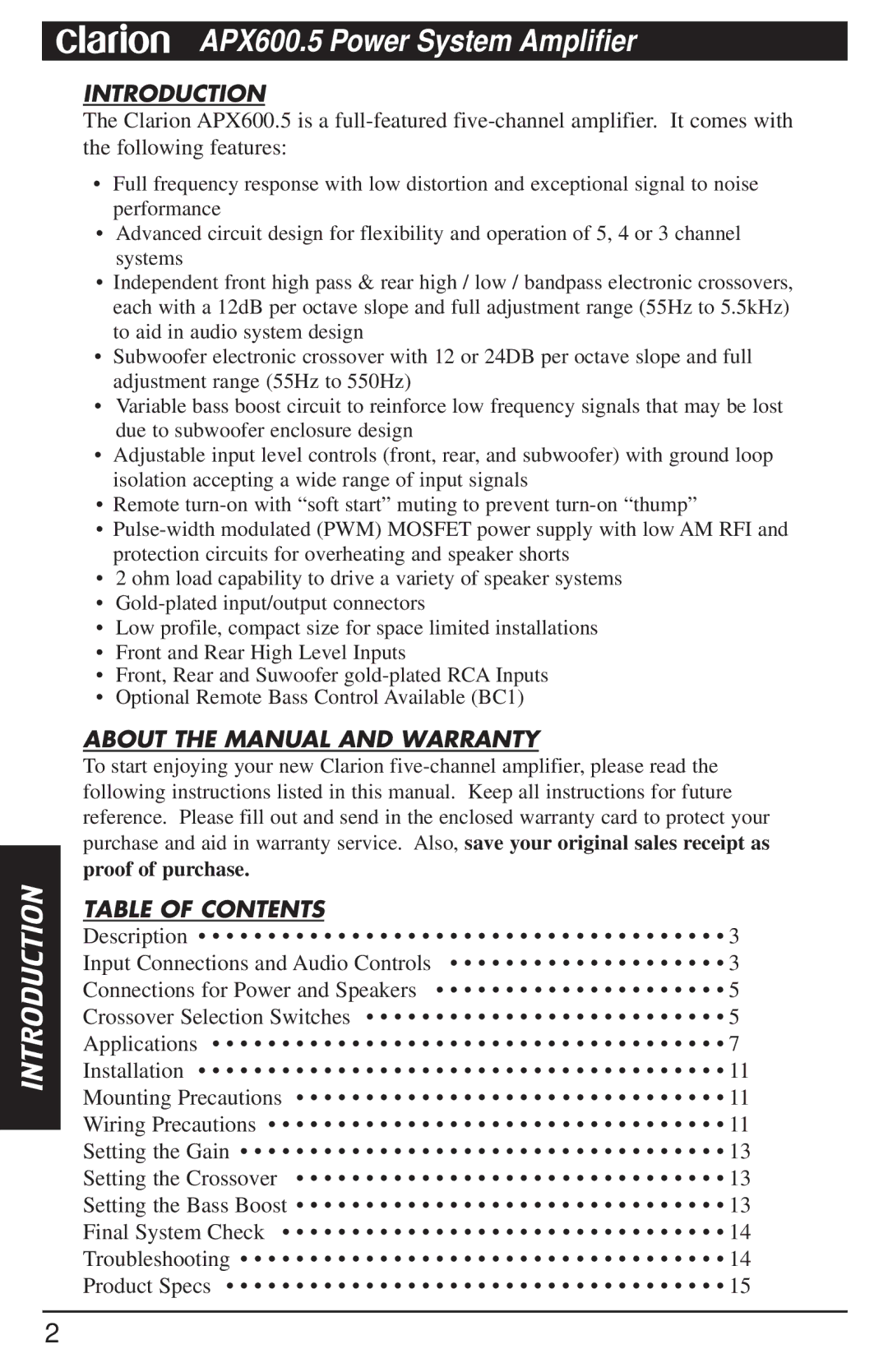 Clarion APX600.5 manual Putinroductiontitle Here, Introduction, About the Manual and Warranty, Table of Contents 