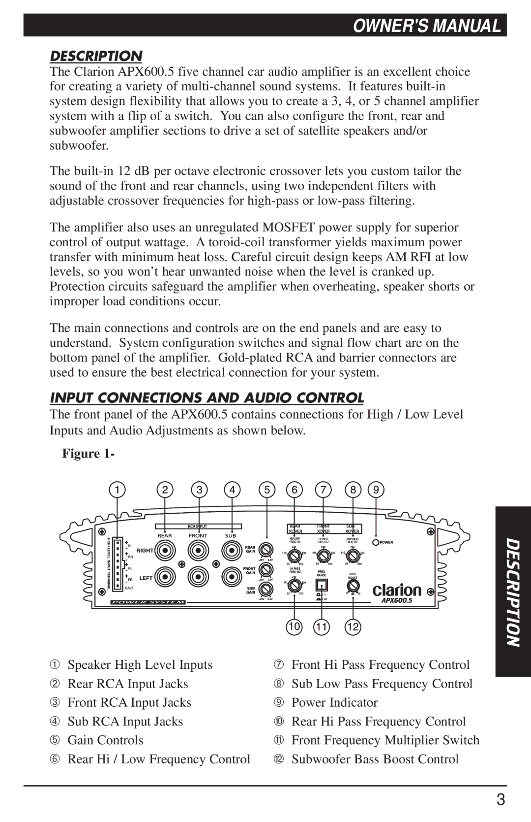 Clarion APX600.5 manual Description, Input Connections and Audio Control 