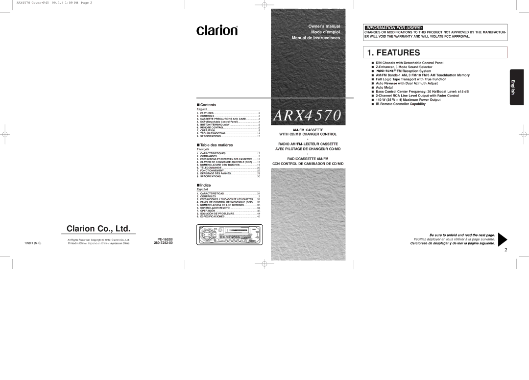 Clarion ARX4570 owner manual Features, Contents 