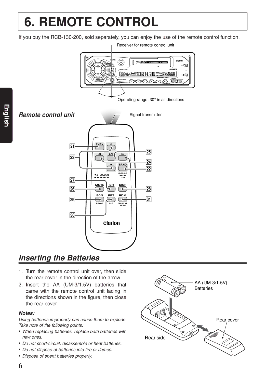 Clarion ARX4570 owner manual Remote Control, Inserting the Batteries, Remote control unit 