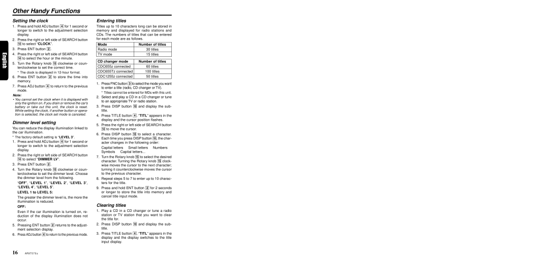 Clarion ARX7570Z Other Handy Functions, Setting the clock, Dimmer level setting, Entering titles, Clearing titles 
