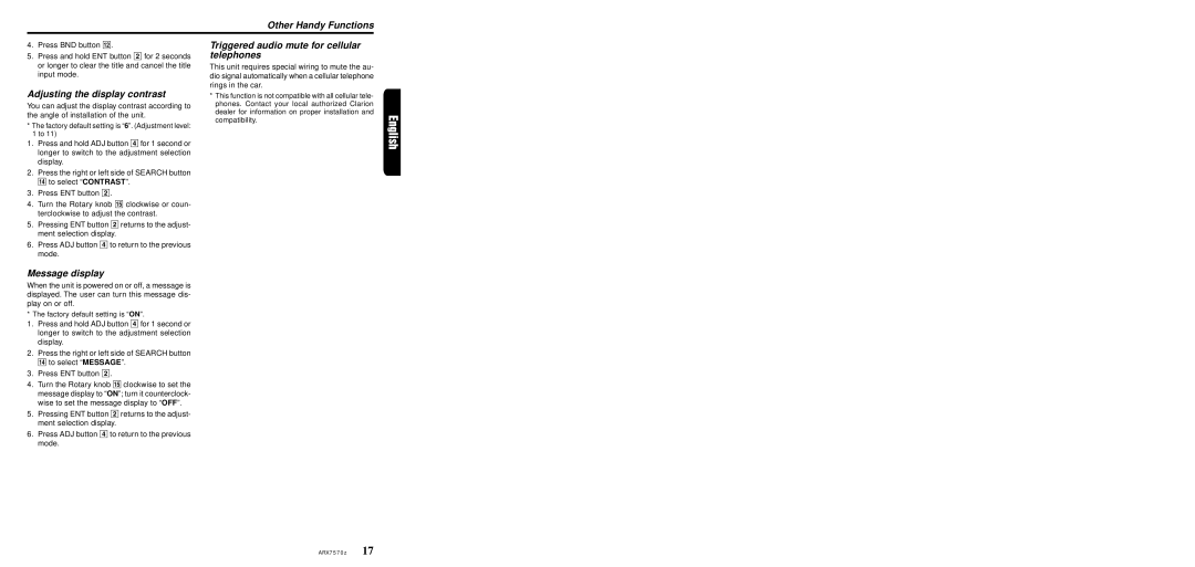 Clarion ARX7570Z owner manual Other Handy Functions, Adjusting the display contrast, Message display 