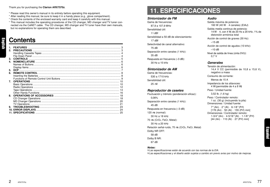 Clarion ARX7570Z owner manual Especificaciones, Contents 