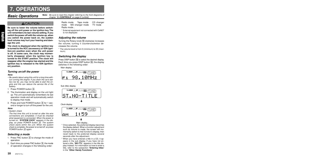 Clarion ARX7570Z owner manual Basic Operations 