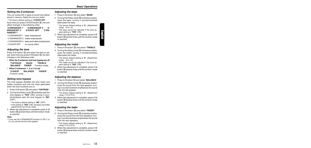 Clarion ARX7570Z Basic Operations Setting the Z-enhancer, Adjusting the tone, Setting tone bypass, Adjusting the bass 