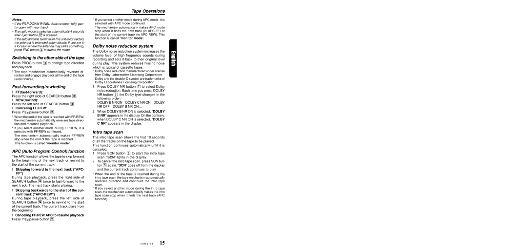 Clarion ARX8570z Tape Operations, Switching to the other side of the tape, Fast-forwarding/rewinding, Intro tape scan 