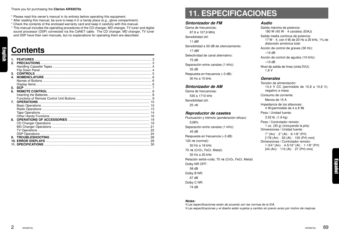 Clarion ARX8570z owner manual Especificaciones, Contents 