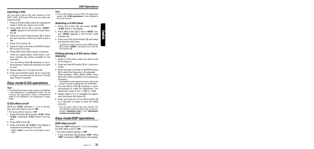 Clarion ARX8570z owner manual DSP Operations Inputting a title, EQ effect on/off, Selecting a G.EQ menu, DSP effect on/off 