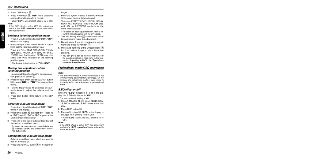 Clarion ARX8570z DSP Operations, Setting a listening position menu, Making fine adjustment of the listening position 