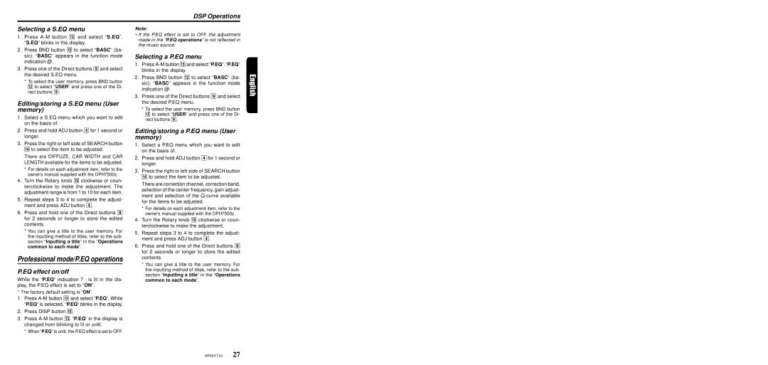 Clarion ARX8570z DSP Operations Selecting a S.EQ menu, Editing/storing a S.EQ menu User memory, Selecting a P.EQ menu 