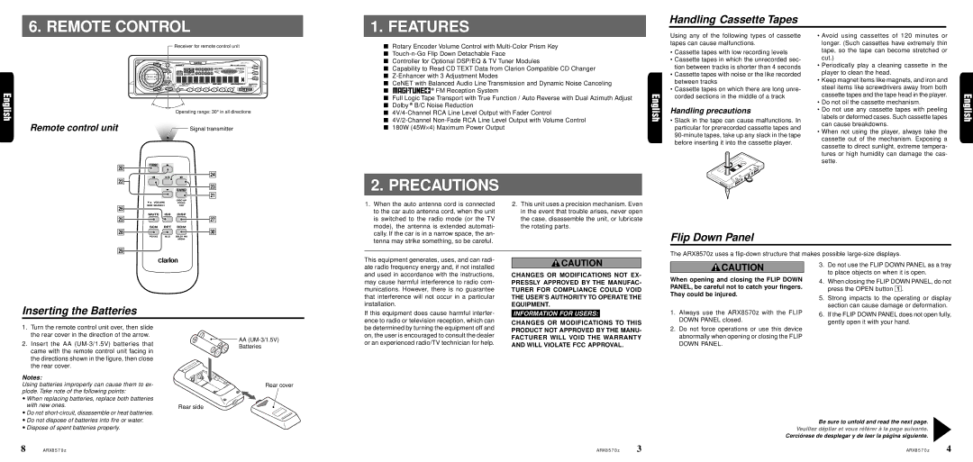 Clarion ARX8570z Remote Control, Precautions, Handling Cassette Tapes, Flip Down Panel, Inserting the Batteries 