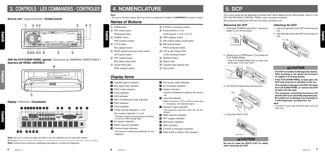 Clarion ARX8570z owner manual Nomenclature, Names of Buttons, Display Items 