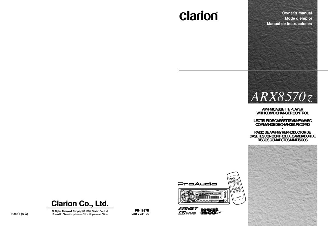 Clarion ARX8570z owner manual PE-1637B, 280-7231-00, Manual de instrucciones, Am/Fmcassetteplayer Withcd/Mdchangercontrol 