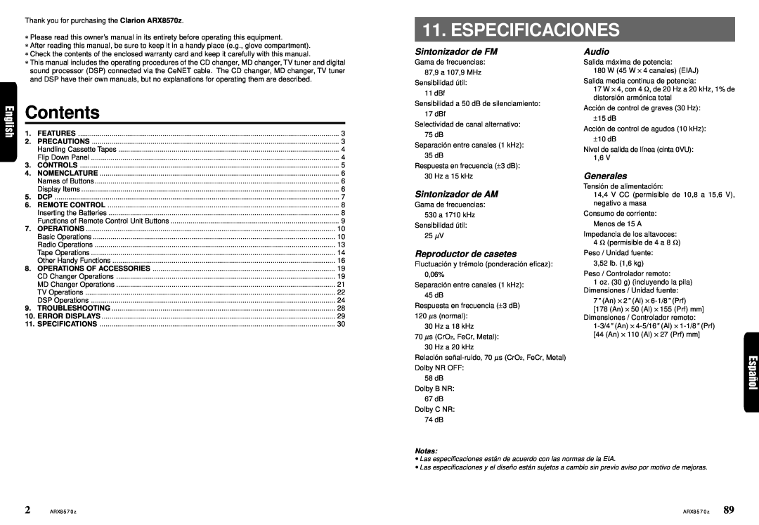 Clarion ARX8570z owner manual Especificaciones, Contents, Sintonizador de FM, Sintonizador de AM, Audio, Generales, Notas 