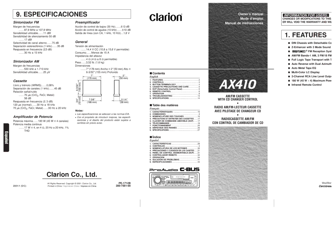 Clarion AX410 owner manual Especificaciones, Features 