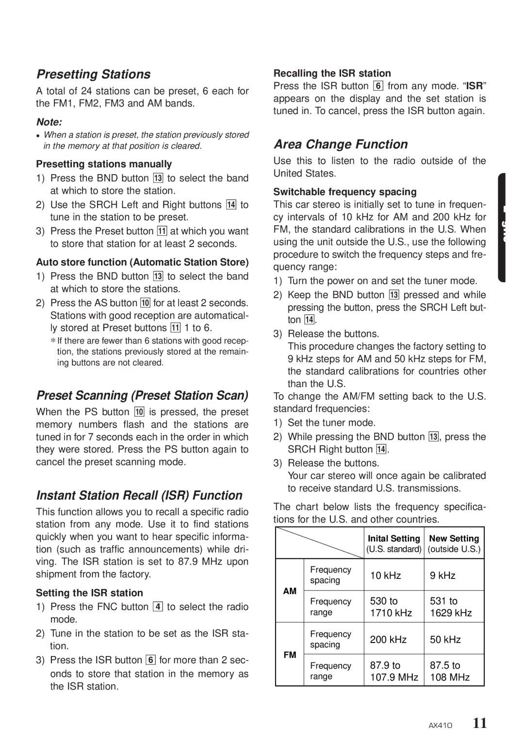 Clarion AX410 owner manual Presetting Stations, Preset Scanning Preset Station Scan, Instant Station Recall ISR Function 