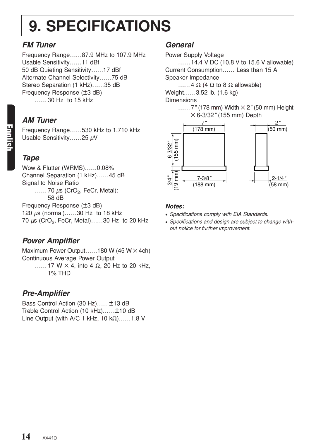 Clarion AX410 owner manual Specifications 