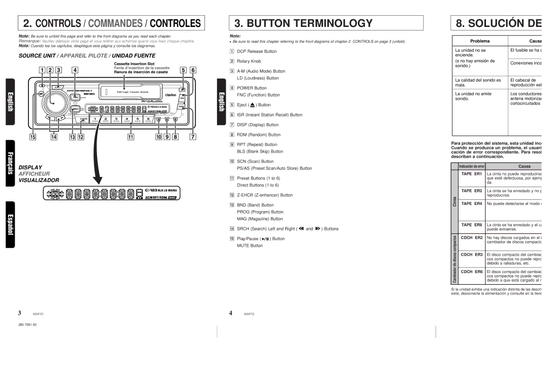 Clarion AX410 owner manual Solución DE, Problema 