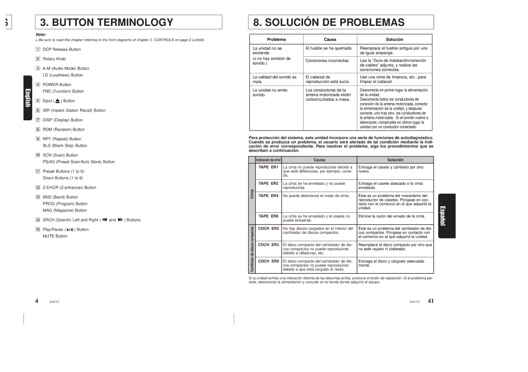 Clarion AX410 owner manual Button Terminology, Solución DE PR Oblemas, Problema Causa Solució n 