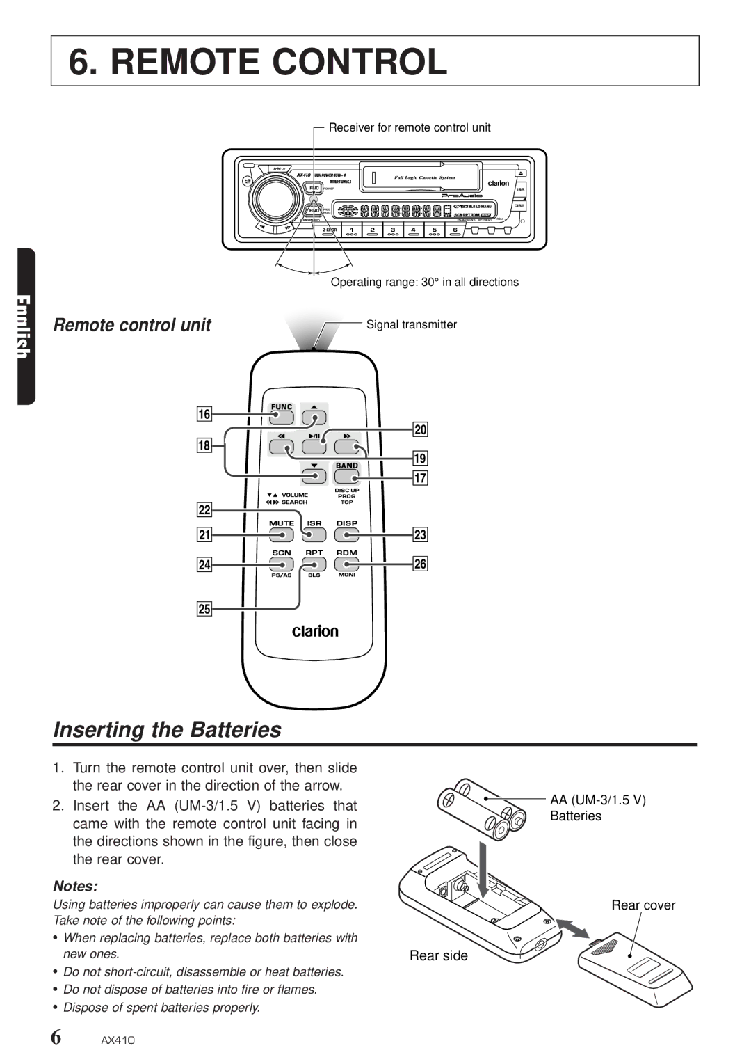 Clarion AX410 owner manual Remote Control, Inserting the Batteries, Remote control unit 