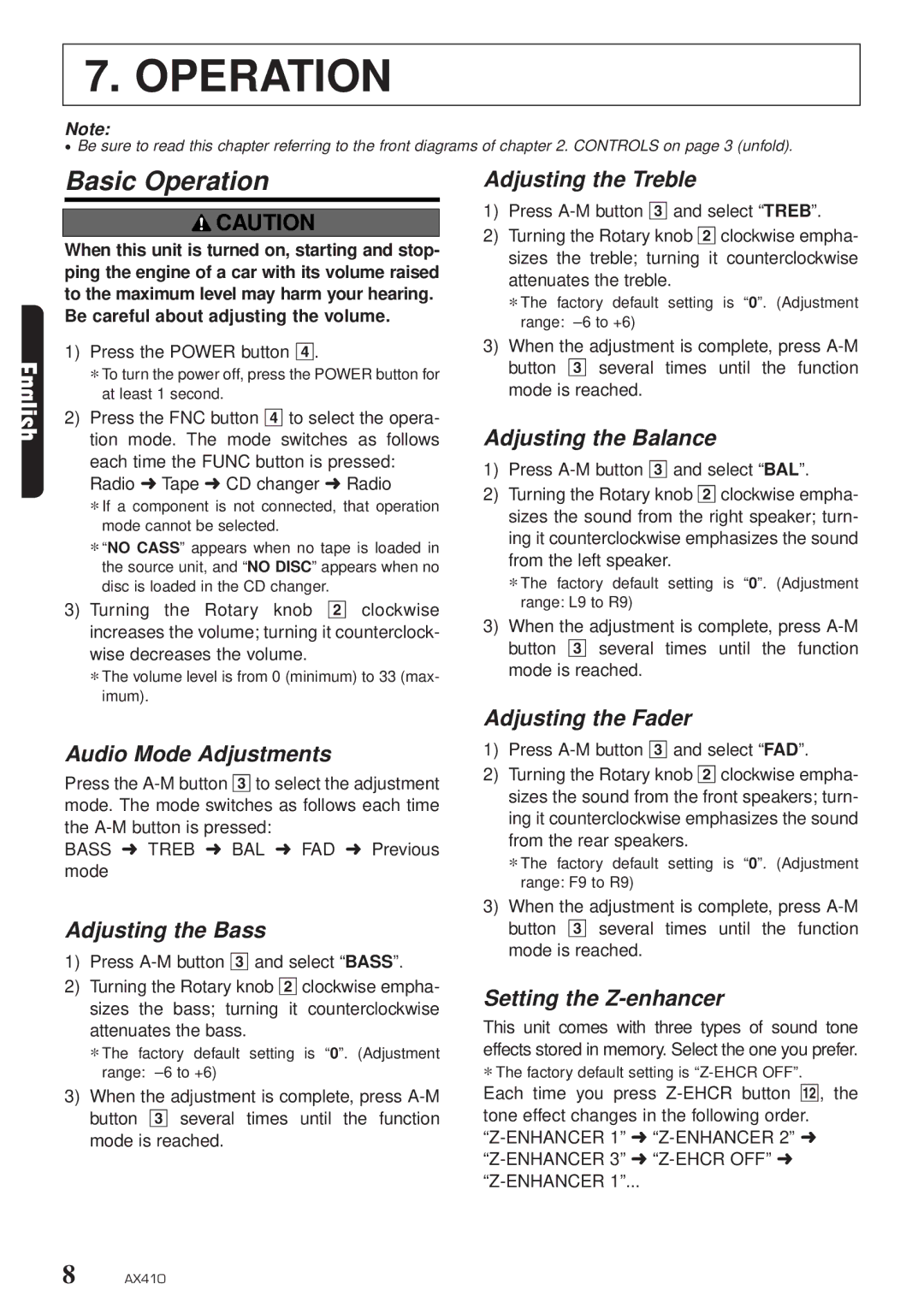 Clarion AX410 owner manual Basic Operation 