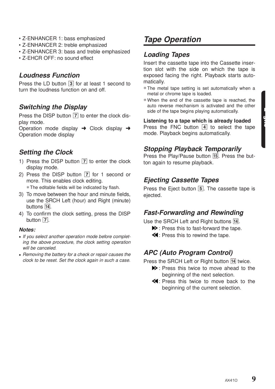 Clarion AX410 owner manual Tape Operation 