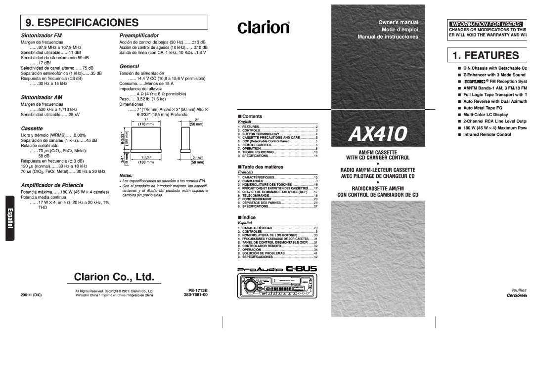 Clarion AX410 owner manual Especificaciones, Features, Español, Sintonizador FM, Preamplificador, Information For Users 