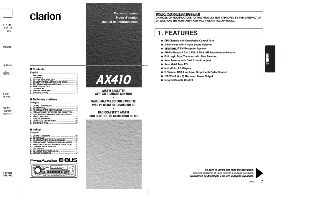Clarion AX410 Manual de instrucciones, E-1712B, DIN Chassis with Detachable Control Panel, FM Reception System, Features 