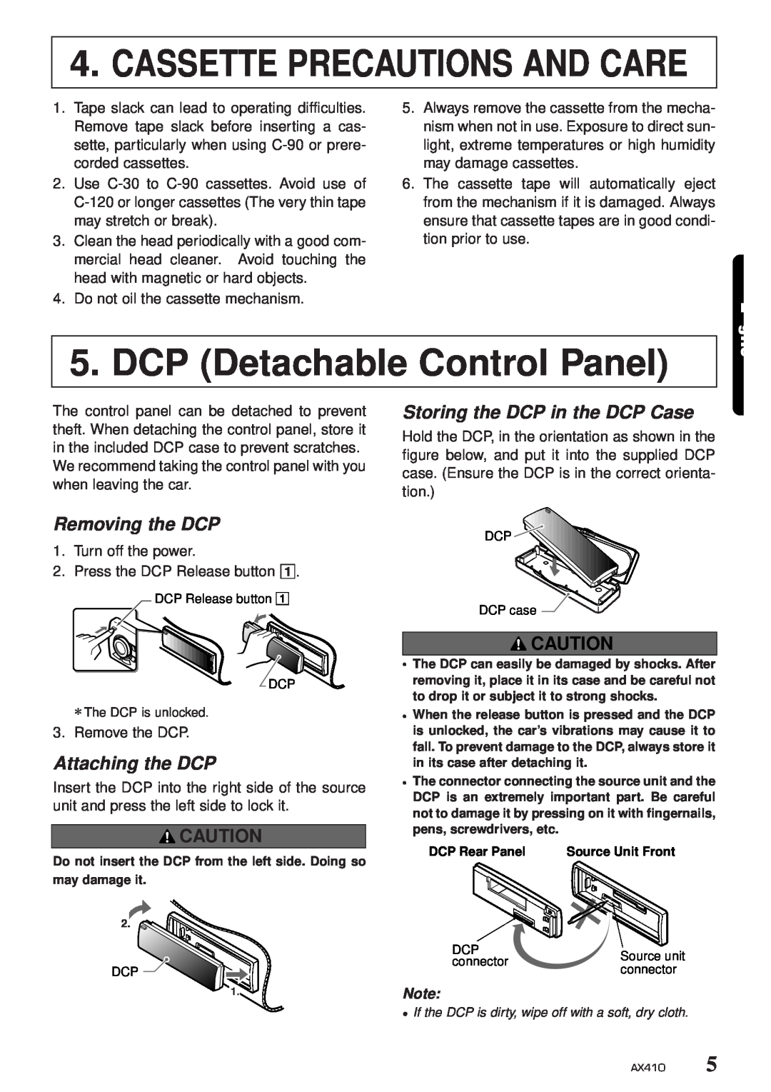 Clarion AX410 DCP Detachable Control Panel, Removing the DCP, Attaching the DCP, Storing the DCP in the DCP Case 