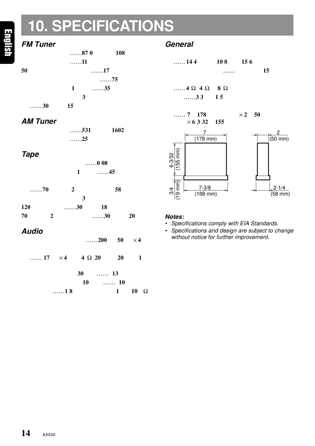 Clarion AX430 owner manual Specifications 