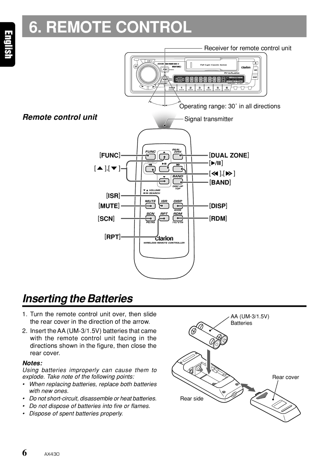 Clarion AX430 owner manual Remote Control, Inserting the Batteries, Remote control unit 