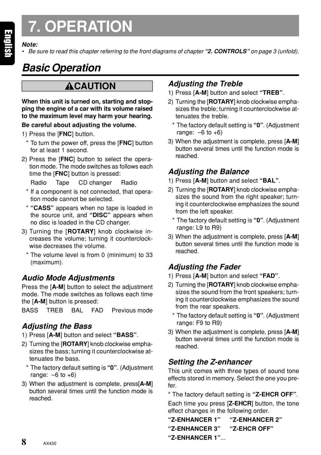 Clarion AX430 owner manual Basic Operation 