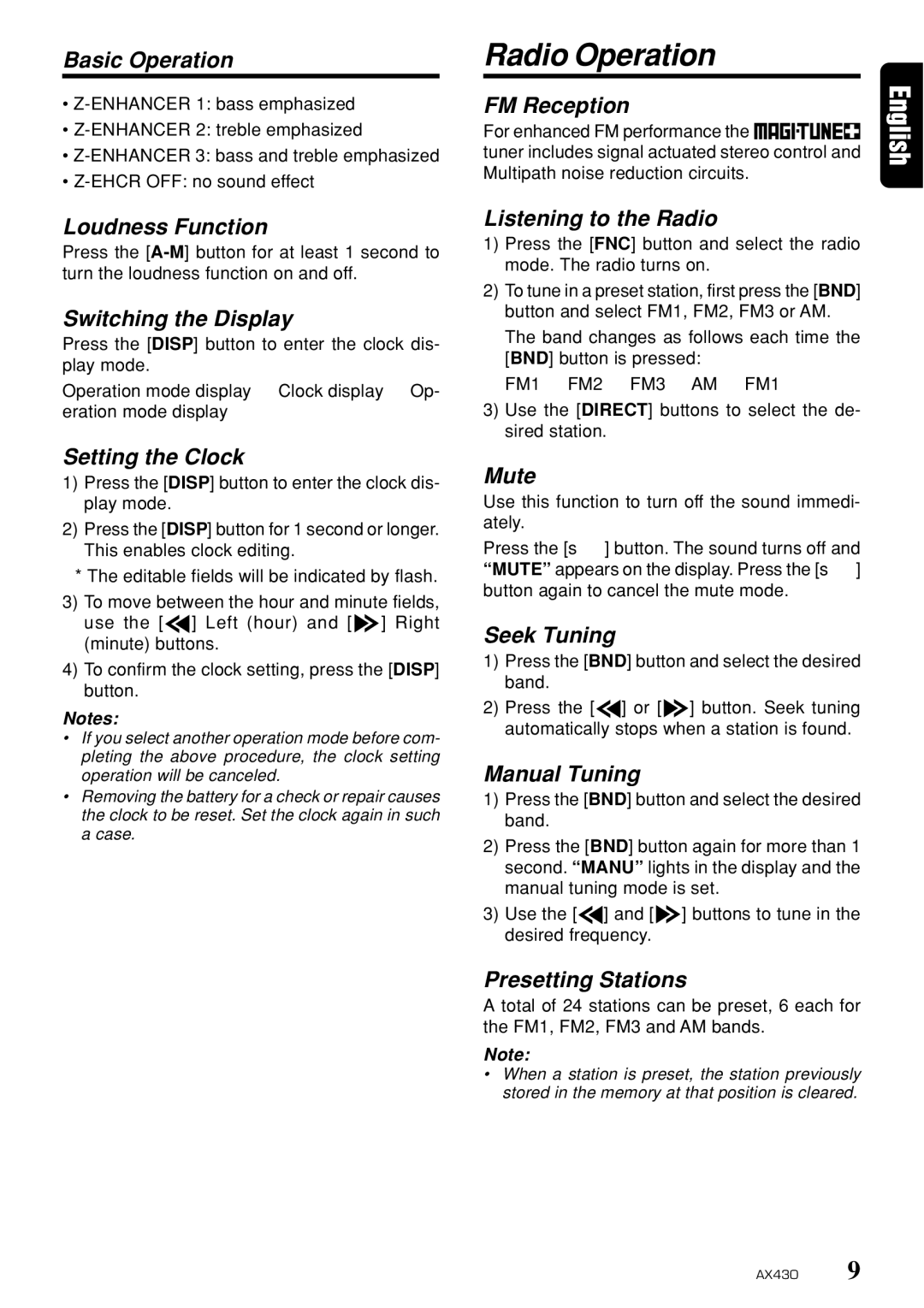 Clarion AX430 owner manual Radio Operation 