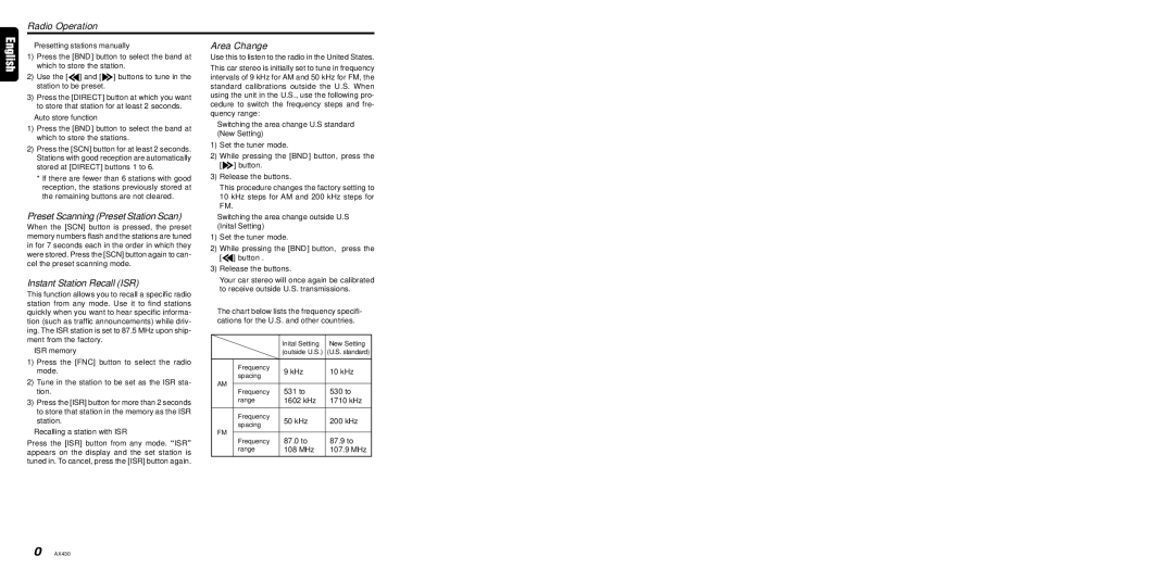 Clarion AX430 owner manual Radio Operation, Area Change, Preset Scanning Preset Station Scan, Instant Station Recall ISR 