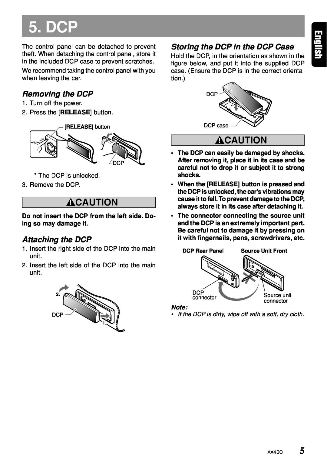 Clarion AX430 owner manual Dcp, Removing the DCP, Attaching the DCP, Storing the DCP in the DCP Case 