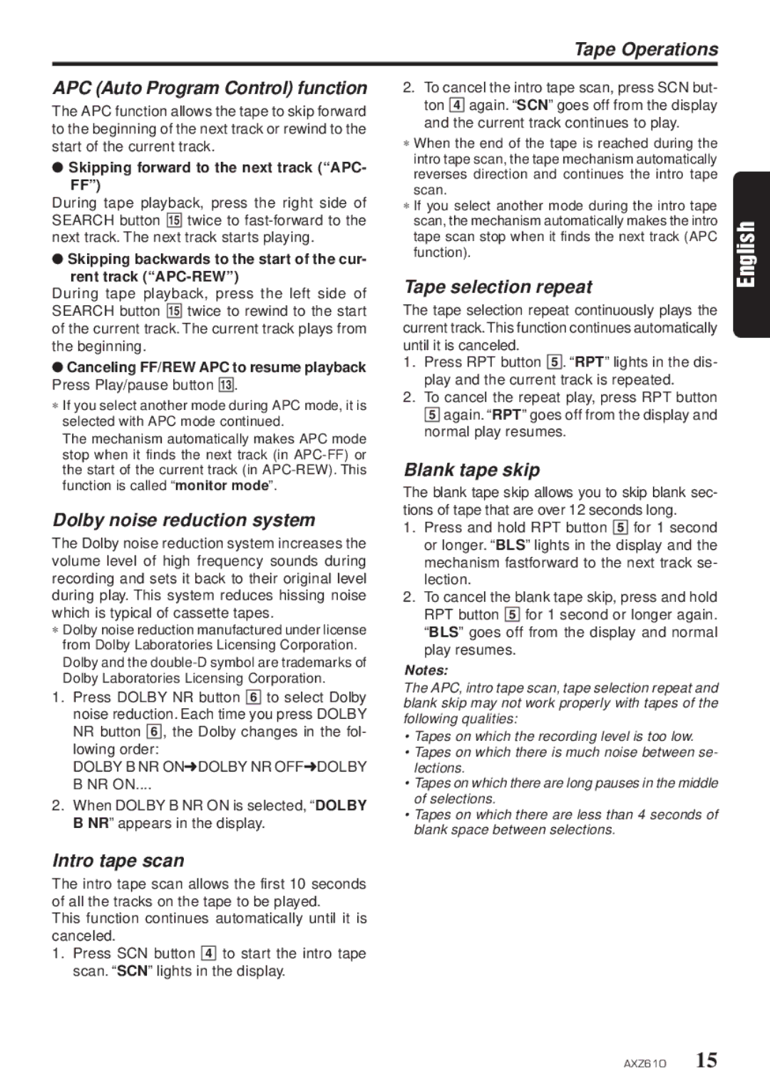 Clarion AXZ610 Tape Operations APC Auto Program Control function, Dolby noise reduction system, Tape selection repeat 