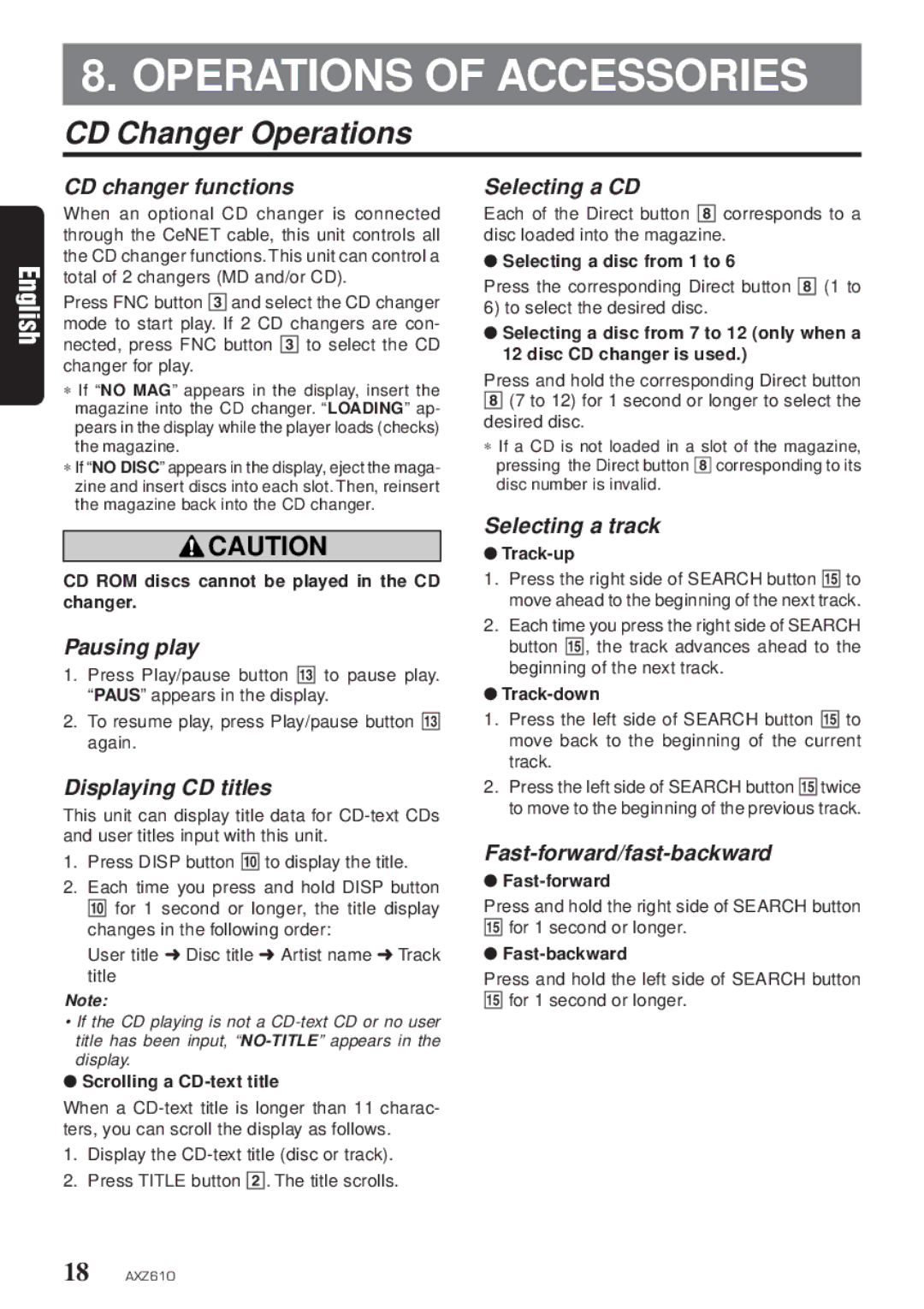 Clarion AXZ610 owner manual Operations of Accessories, CD Changer Operations 