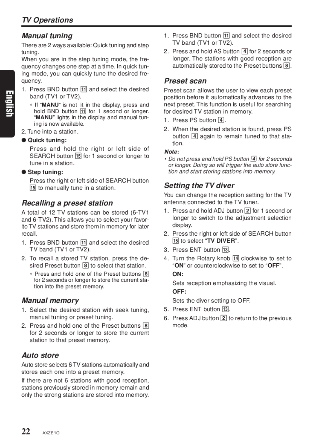 Clarion AXZ610 owner manual TV Operations, Setting the TV diver 