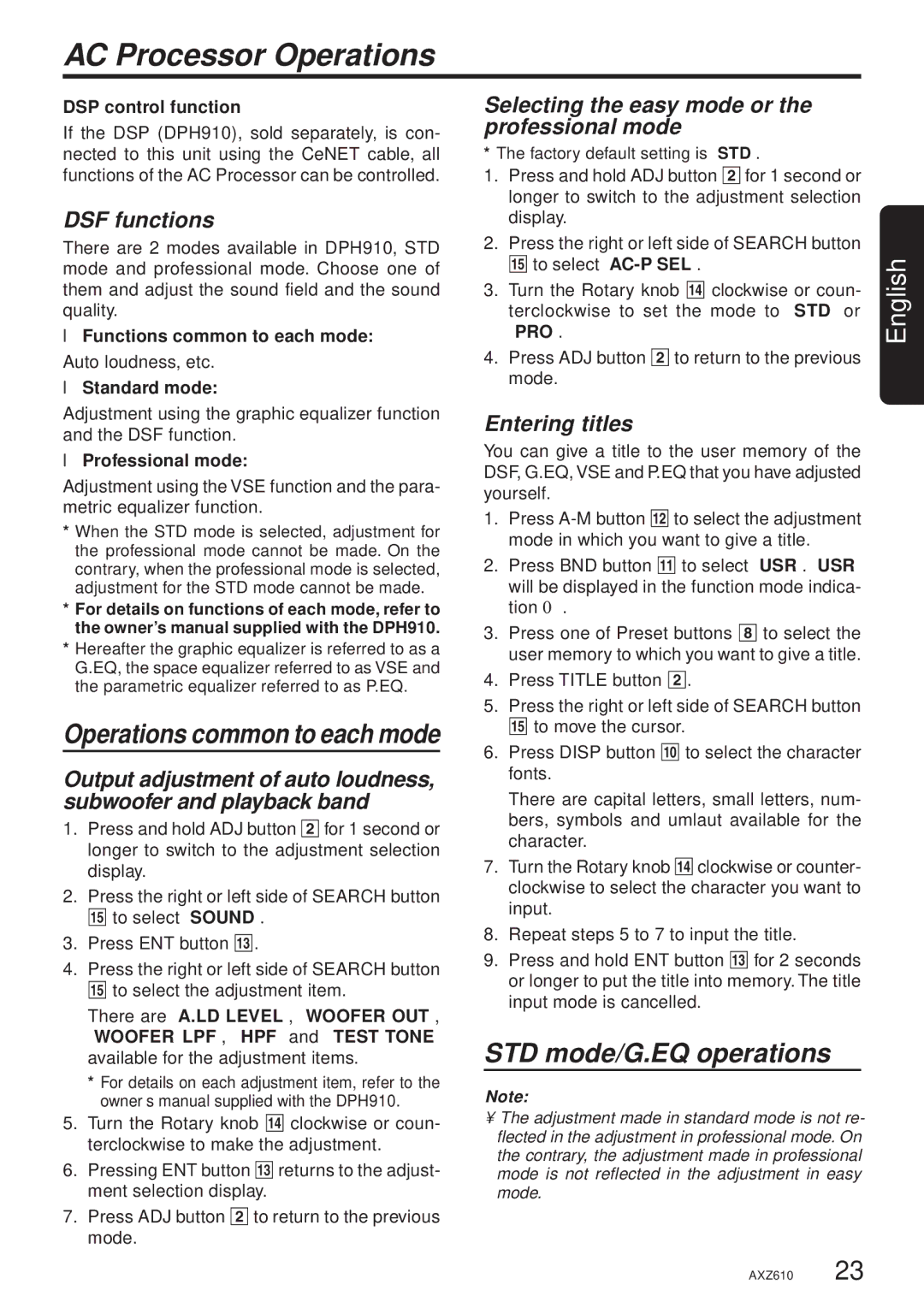 Clarion AXZ610 owner manual AC Processor Operations, DSF functions, Selecting the easy mode or the professional mode 