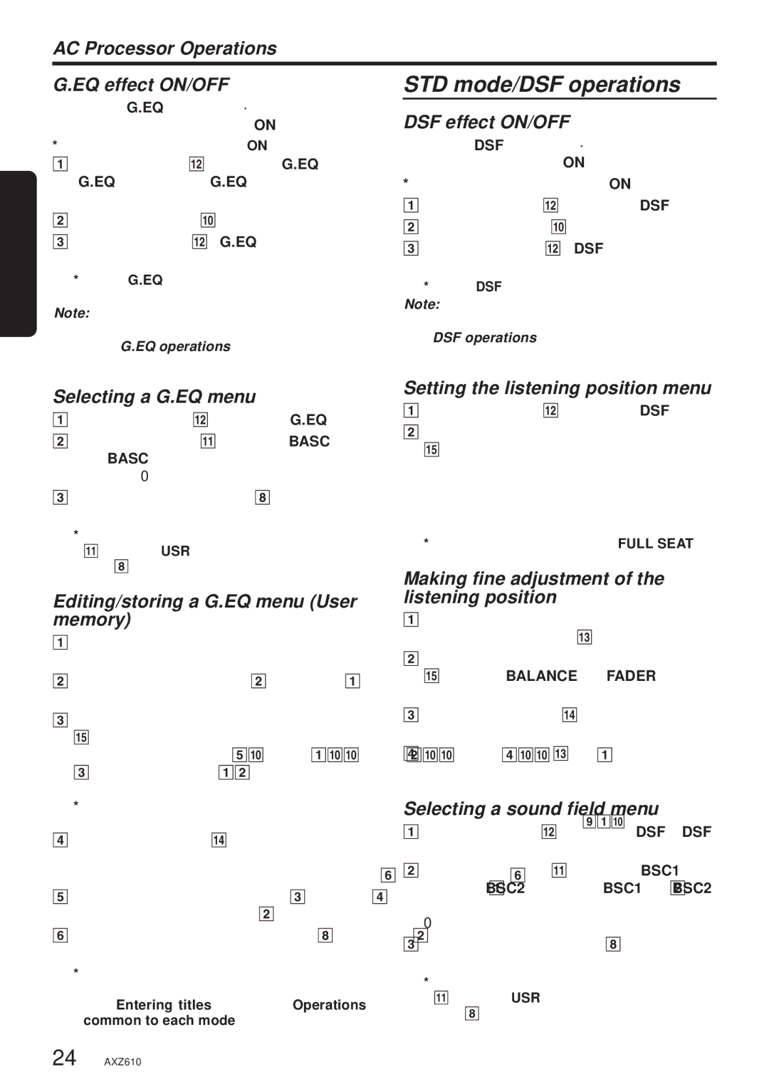 Clarion AXZ610 owner manual AC Processor Operations EQ effect ON/OFF, DSF effect ON/OFF, Selecting a G.EQ menu 