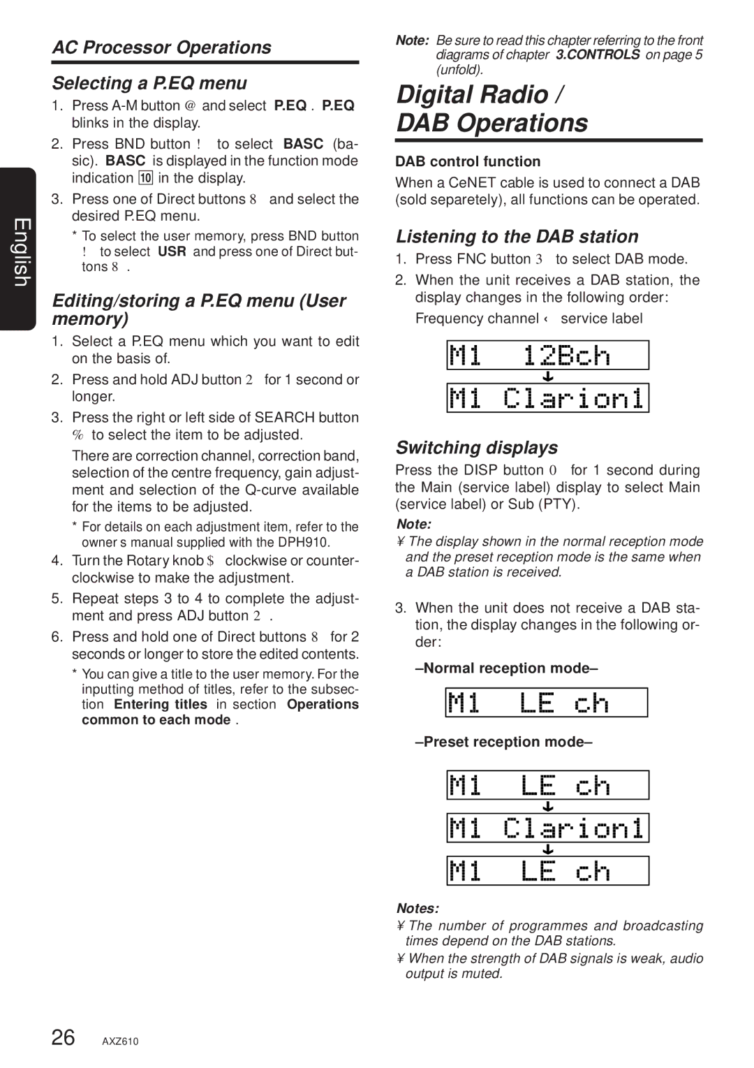 Clarion AXZ610 Digital Radio DAB Operations, AC Processor Operations Selecting a P.EQ menu, Listening to the DAB station 